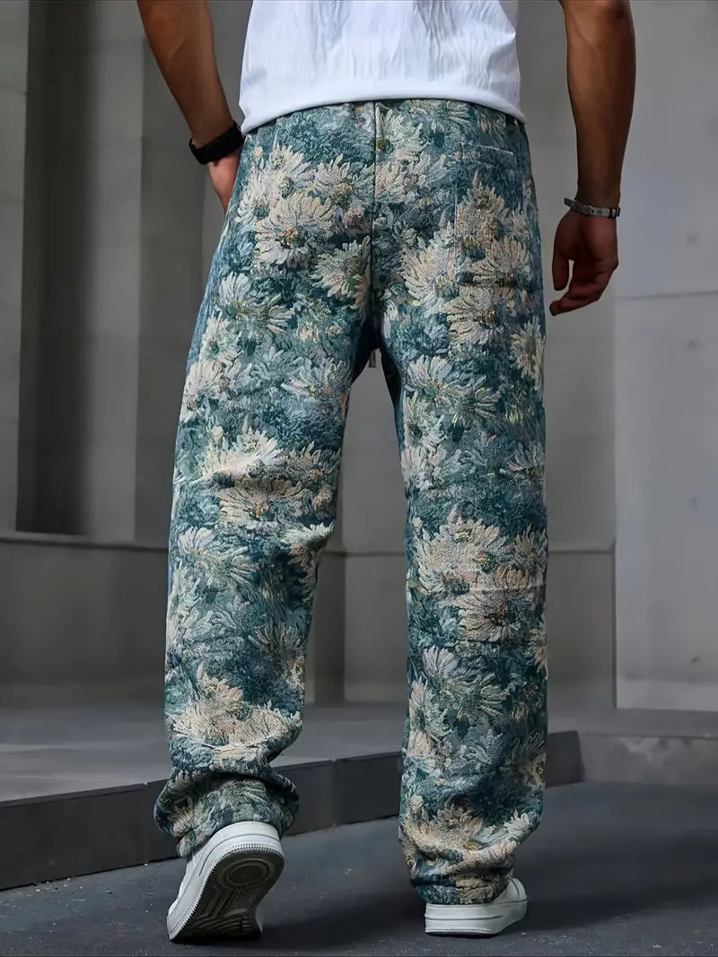 Blue Color Men’s Relaxed Fit Floral Print Casual Pants
