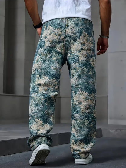 Blue Color Men’s Relaxed Fit Floral Print Casual Pants