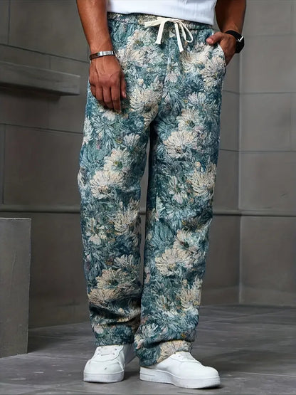 Blue Color Men’s Relaxed Fit Floral Print Casual Pants