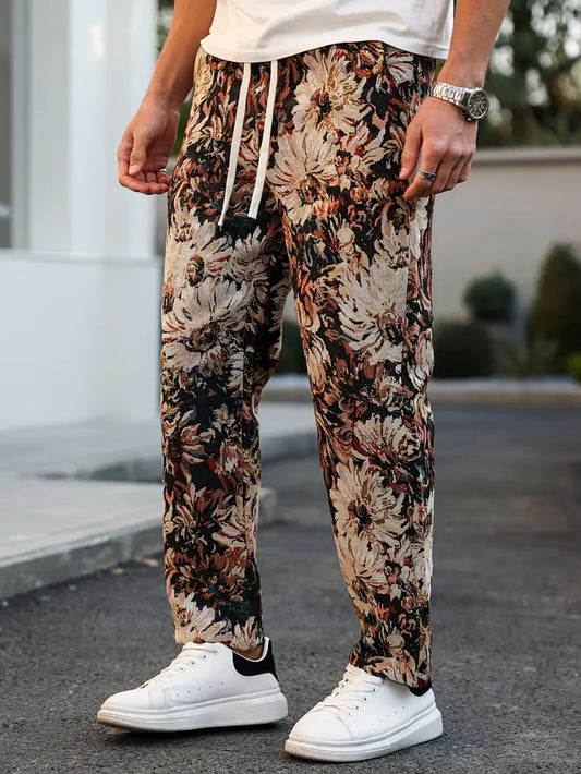 Brown Color Men’s Relaxed Fit Floral Print Casual Pants