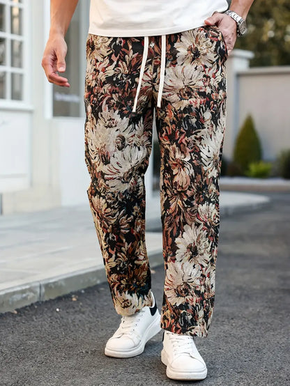 Brown Color Men’s Relaxed Fit Floral Print Casual Pants