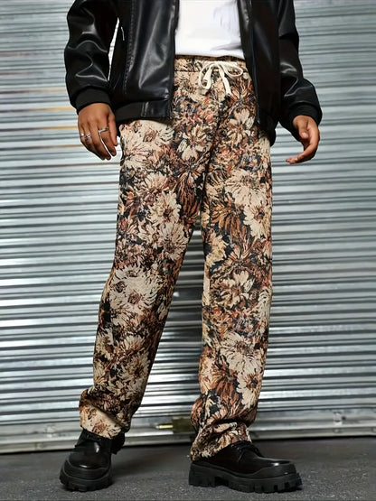 Brown Color Men’s Relaxed Fit Floral Print Casual Pants