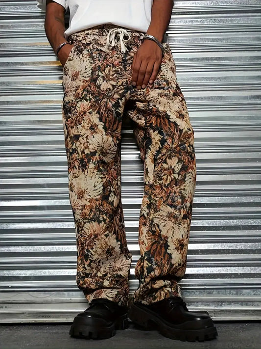 Brown Color Men’s Relaxed Fit Floral Print Casual Pants