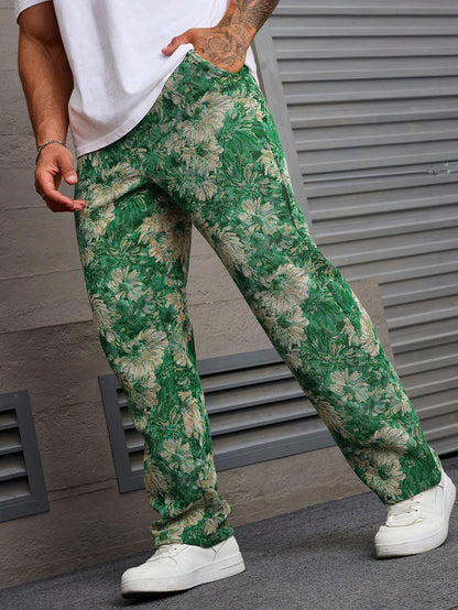 Dark Green Color Men’s Relaxed Fit Floral Print Casual Pants