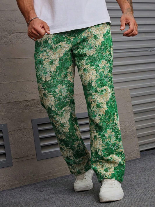 Dark Green Color Men’s Relaxed Fit Floral Print Casual Pants