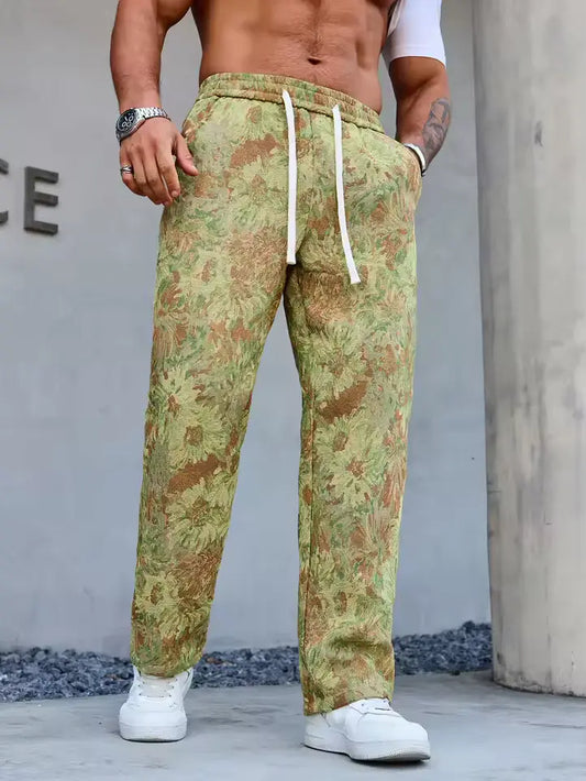 Green Color Men’s Relaxed Fit Floral Print Casual Pants