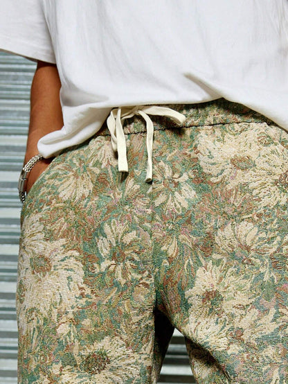 Leaf Green Color Men’s Relaxed Fit Floral Print Casual Pants