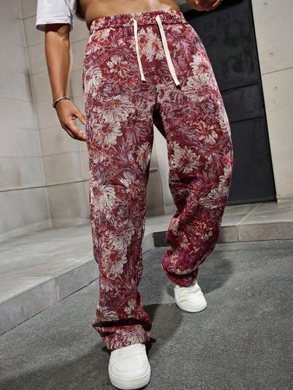 Maroon Color Men’s Relaxed Fit Floral Print Casual Pants