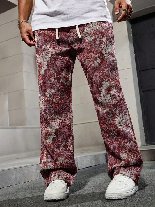 Maroon Color Men’s Relaxed Fit Floral Print Casual Pants