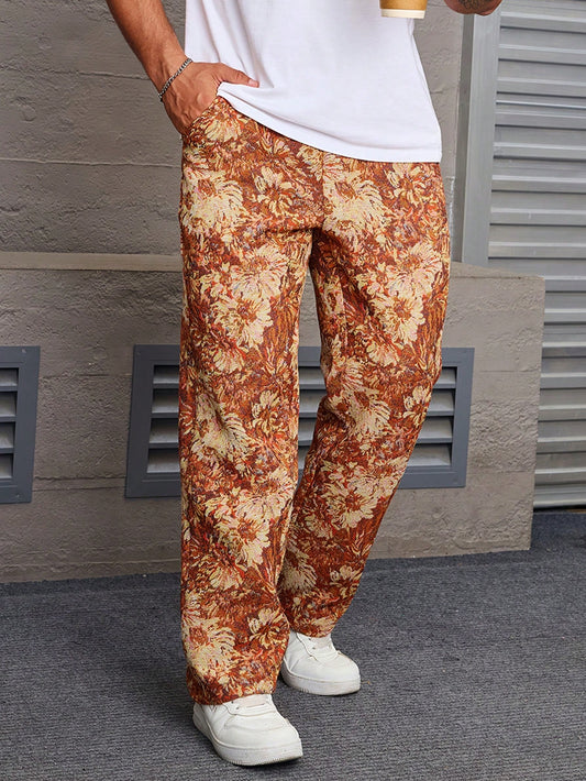 Orange Color Men’s Relaxed Fit Floral Print Casual Pants